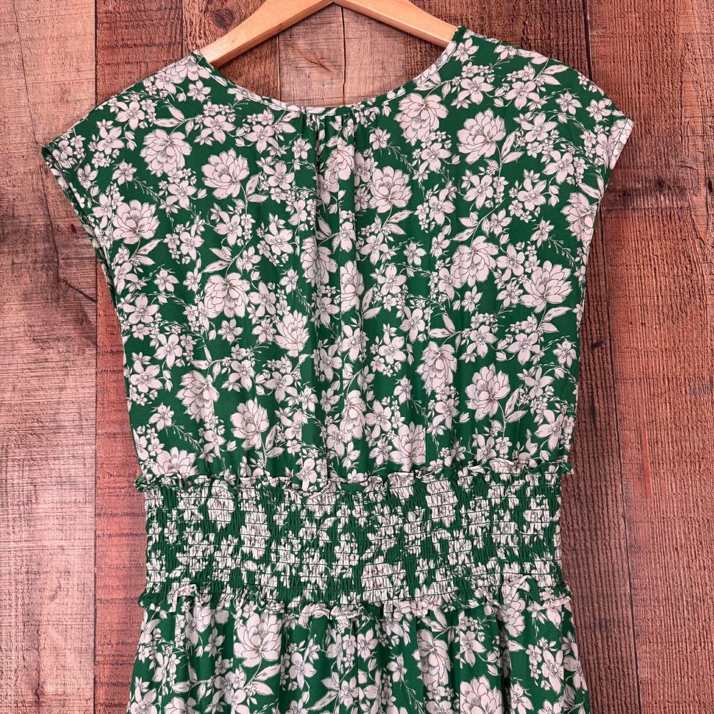Sienna Sky Green White Floral Smocked Waist Midi Dress Medium Boho Flowy Summer - Picture 5 of 7